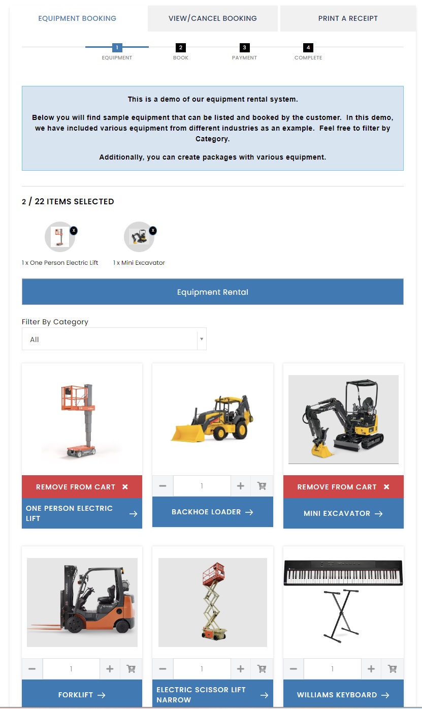 screenshot of Booking Tool Equipment Rental